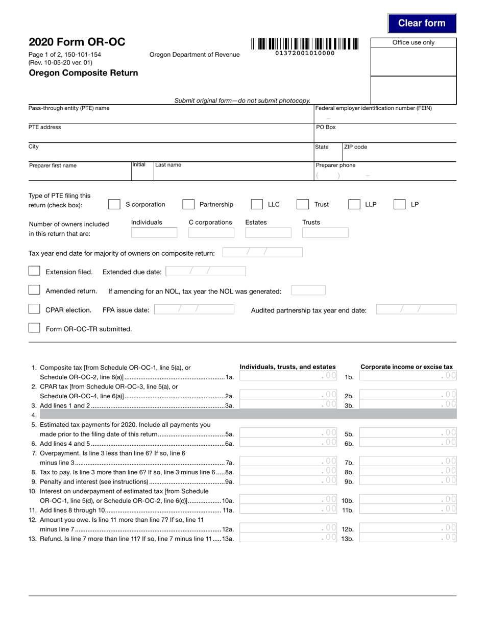 Form OR-OC (150-101-154) Oregon Composite Return - Oregon, Page 1