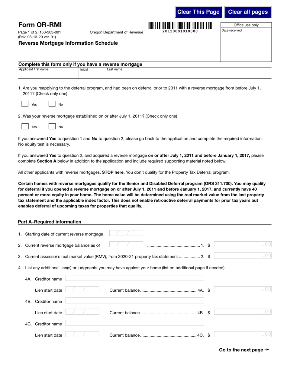 Form OR-RMI (150-303-001) Reverse Mortgage Information Schedule - Oregon, Page 1