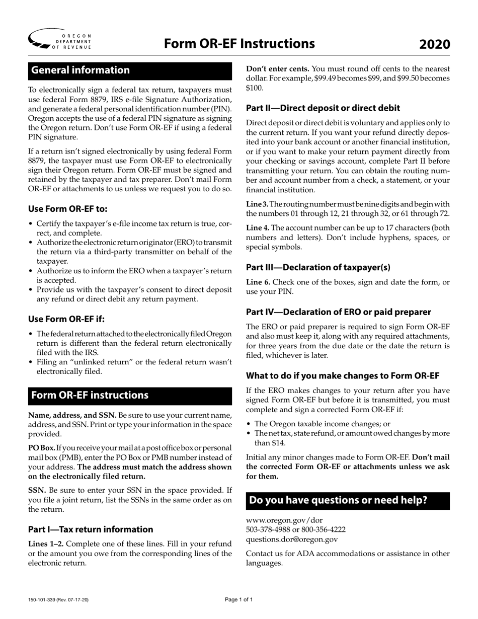 Download Instructions for Form OREF, 150101339 Oregon Individual