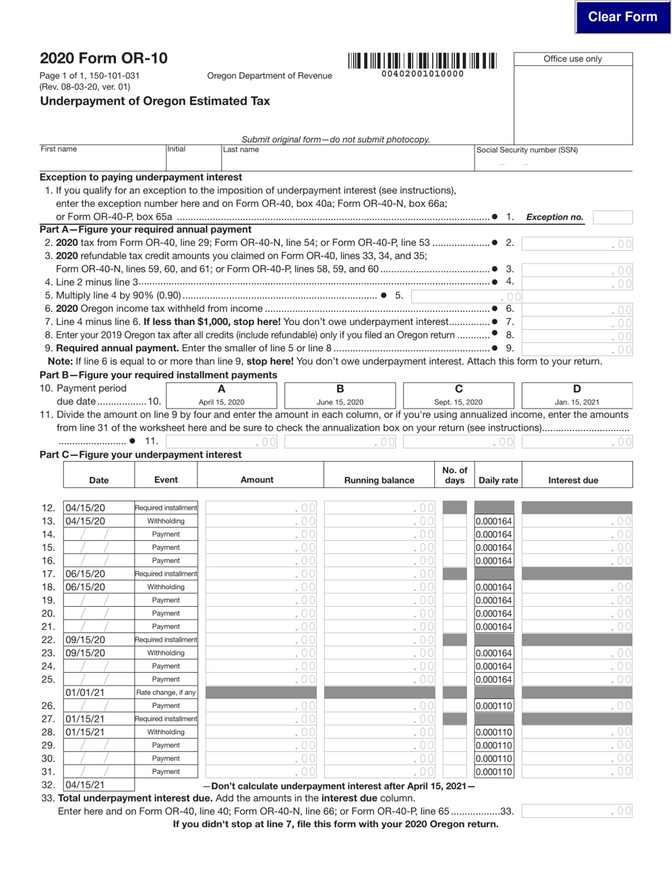 Form OR-10 (150-101-031) Underpayment of Oregon Estimated Tax - Oregon, Page 1