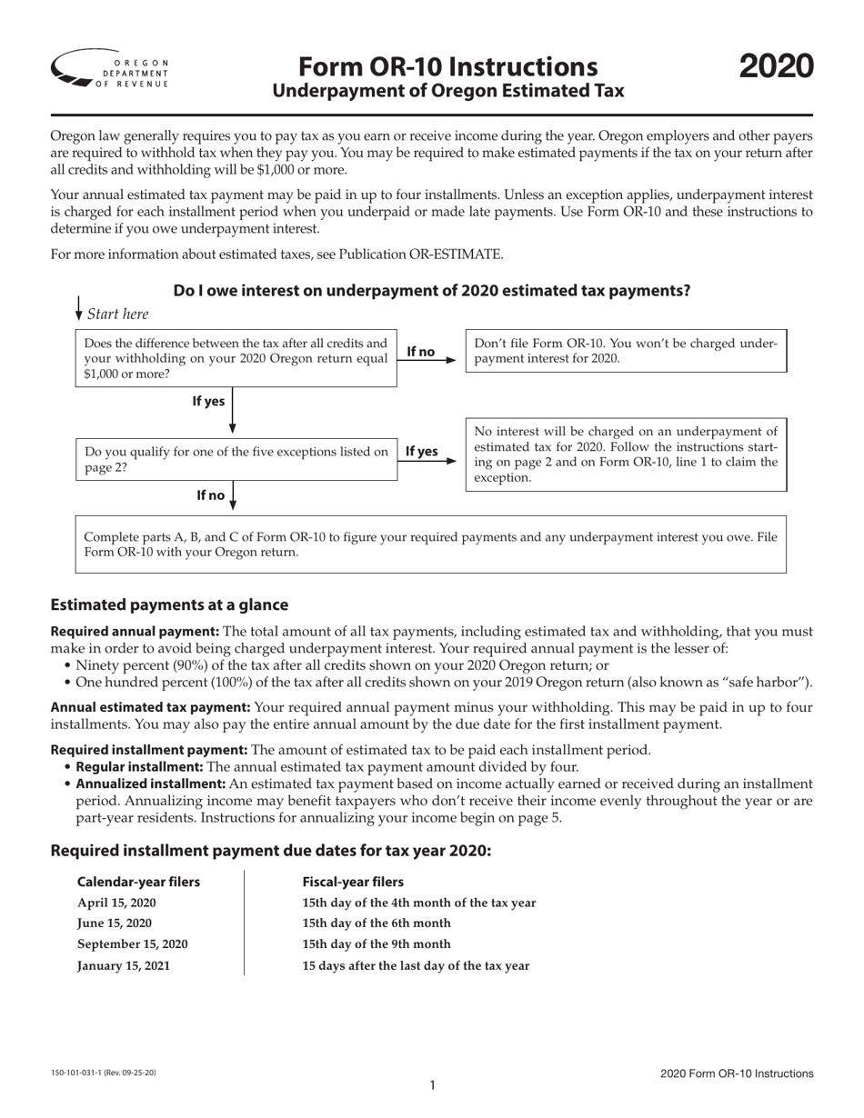 Instructions for Form OR-10, 150-101-031 Underpayment of Oregon Estimated Tax - Oregon, Page 1