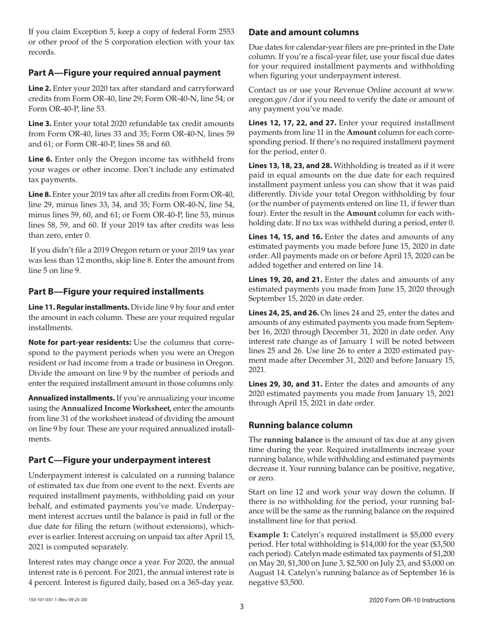 Instructions for Form OR-10, 150-101-031 Underpayment of Oregon Estimated Tax - Oregon, Page 3