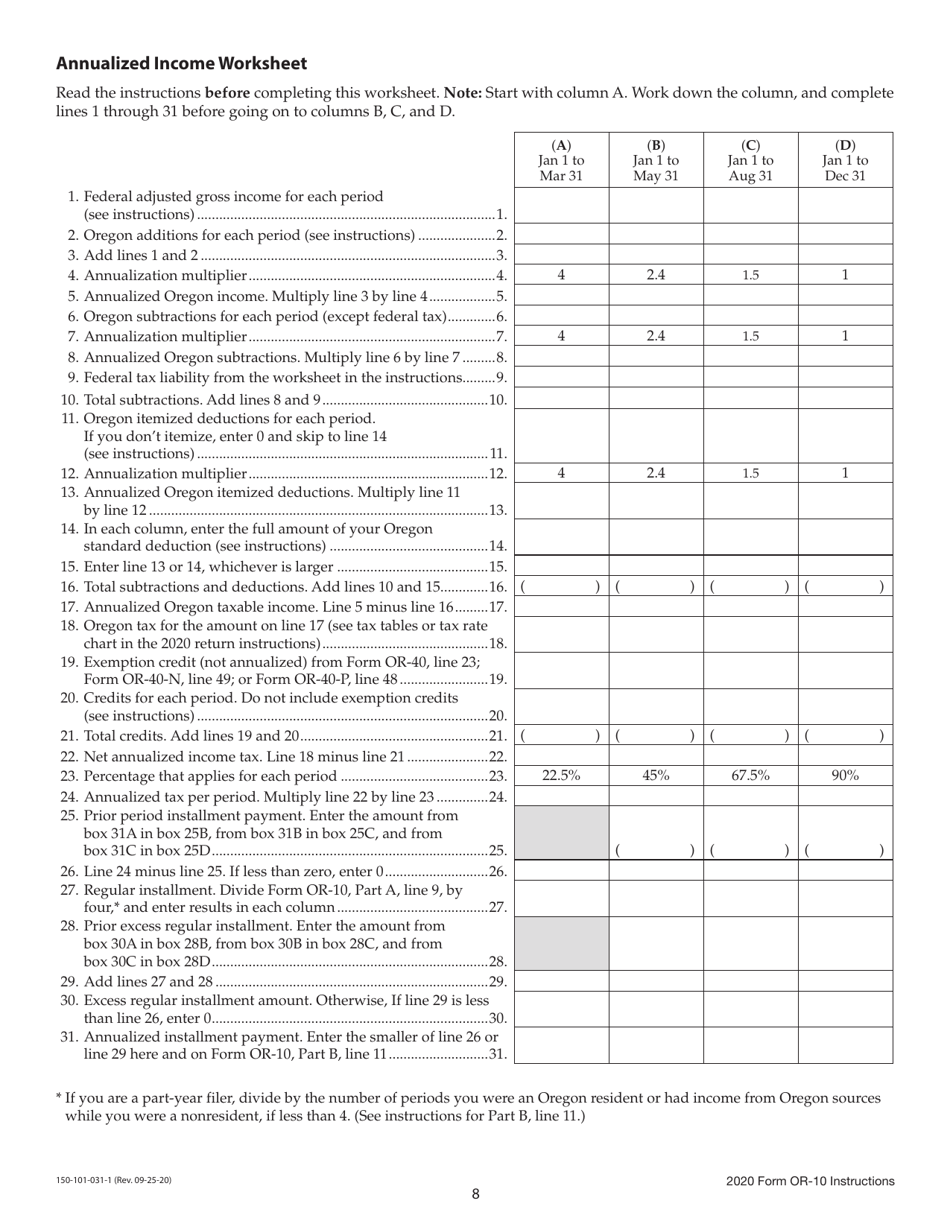 Instructions for Form OR-10, 150-101-031 Underpayment of Oregon Estimated Tax - Oregon, Page 8
