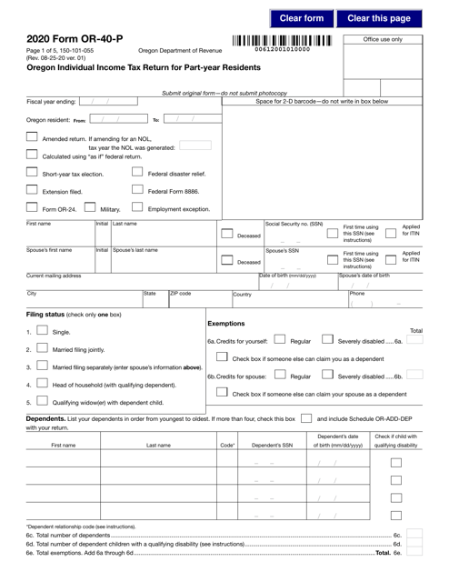 Form OR-40-P (150-101-055) 2020 Printable Pdf