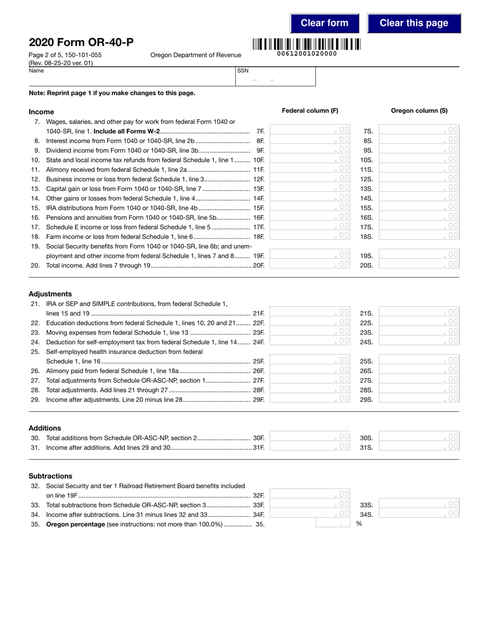 Form OR-40-P (150-101-055) Oregon Individual Income Tax Return for Part-Year Residents - Oregon, Page 2