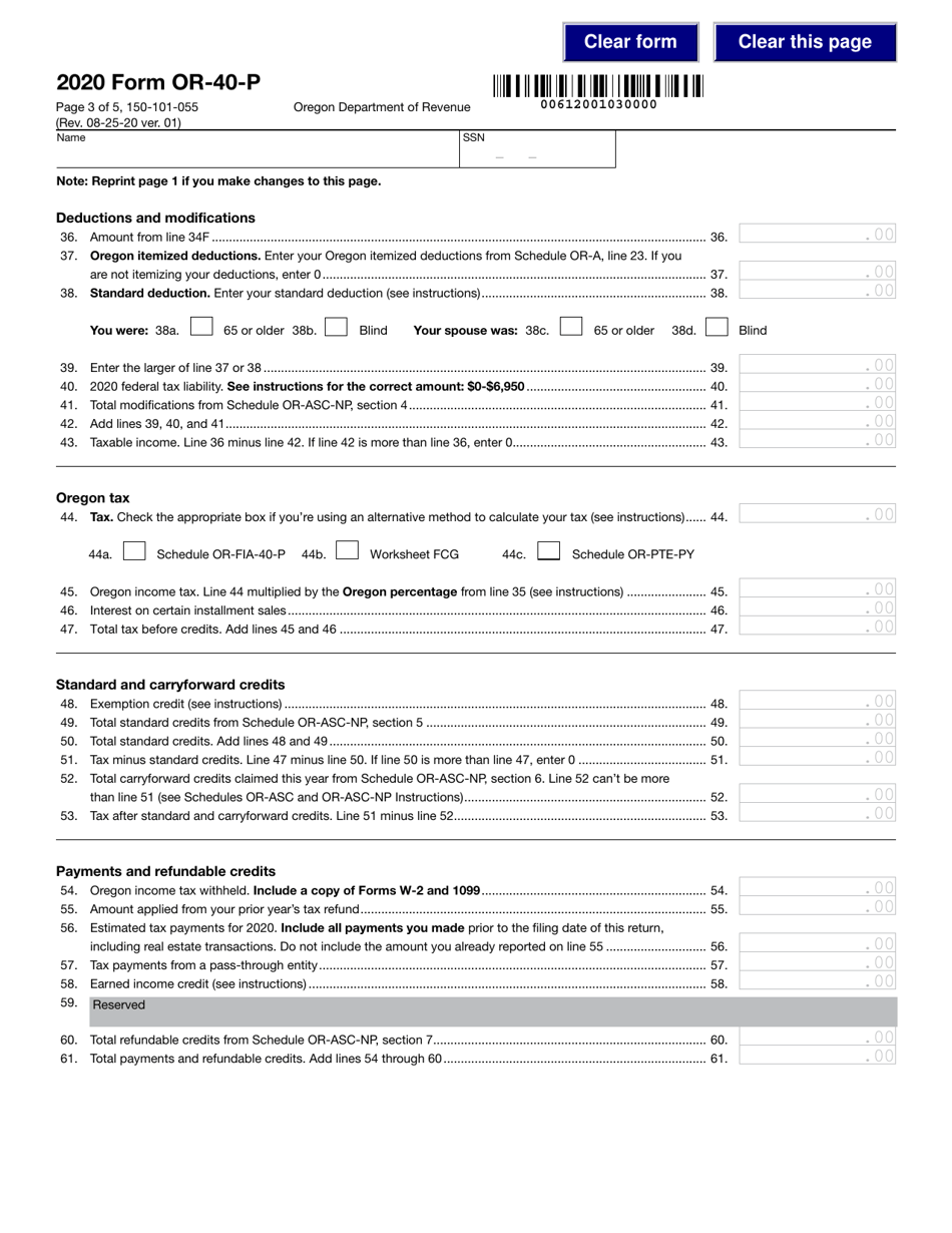 Form OR-40-P (150-101-055) Oregon Individual Income Tax Return for Part-Year Residents - Oregon, Page 3