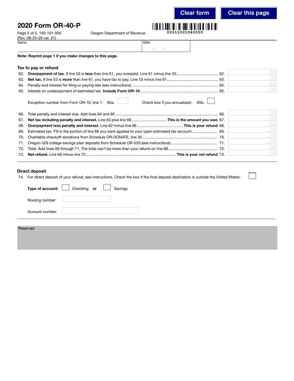 Form OR-40-P (150-101-055) Oregon Individual Income Tax Return for Part-Year Residents - Oregon, Page 4