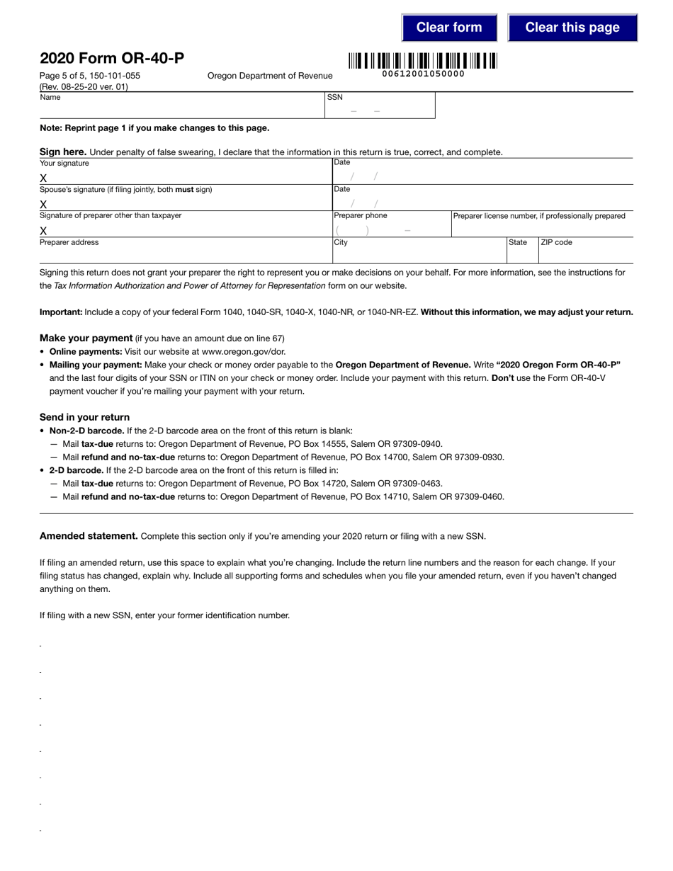 Form OR-40-P (150-101-055) Oregon Individual Income Tax Return for Part-Year Residents - Oregon, Page 5
