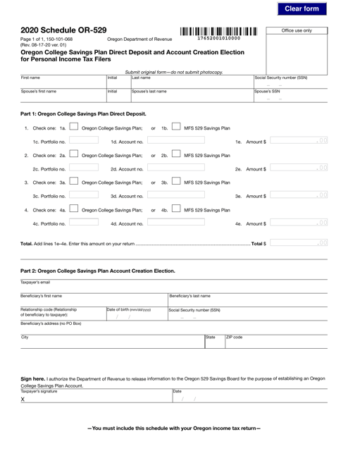 Form 150-101-068 Schedule OR-529 2020 Printable Pdf