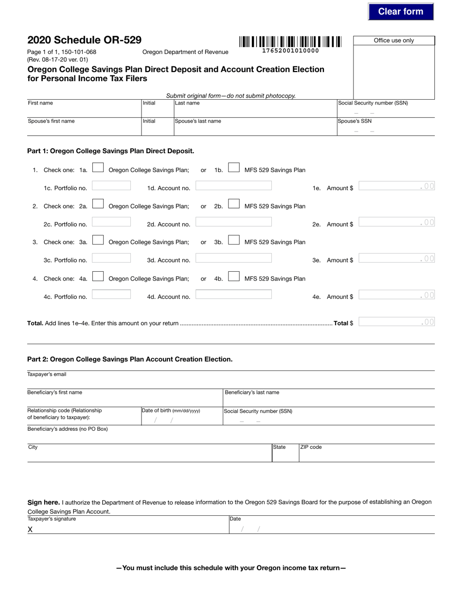 Form 150 101 068 Schedule Or 529 Download Fillable Pdf Or Fill Online Oregon College Savings 6904