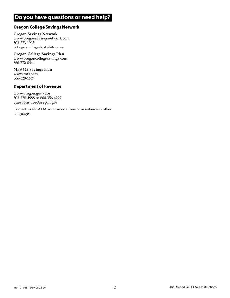 Instructions for Form 150-101-068 Schedule OR-529 Oregon College Savings Plan Direct Deposit and Account Creation Election for Personal Income Tax Filers - Oregon, Page 2