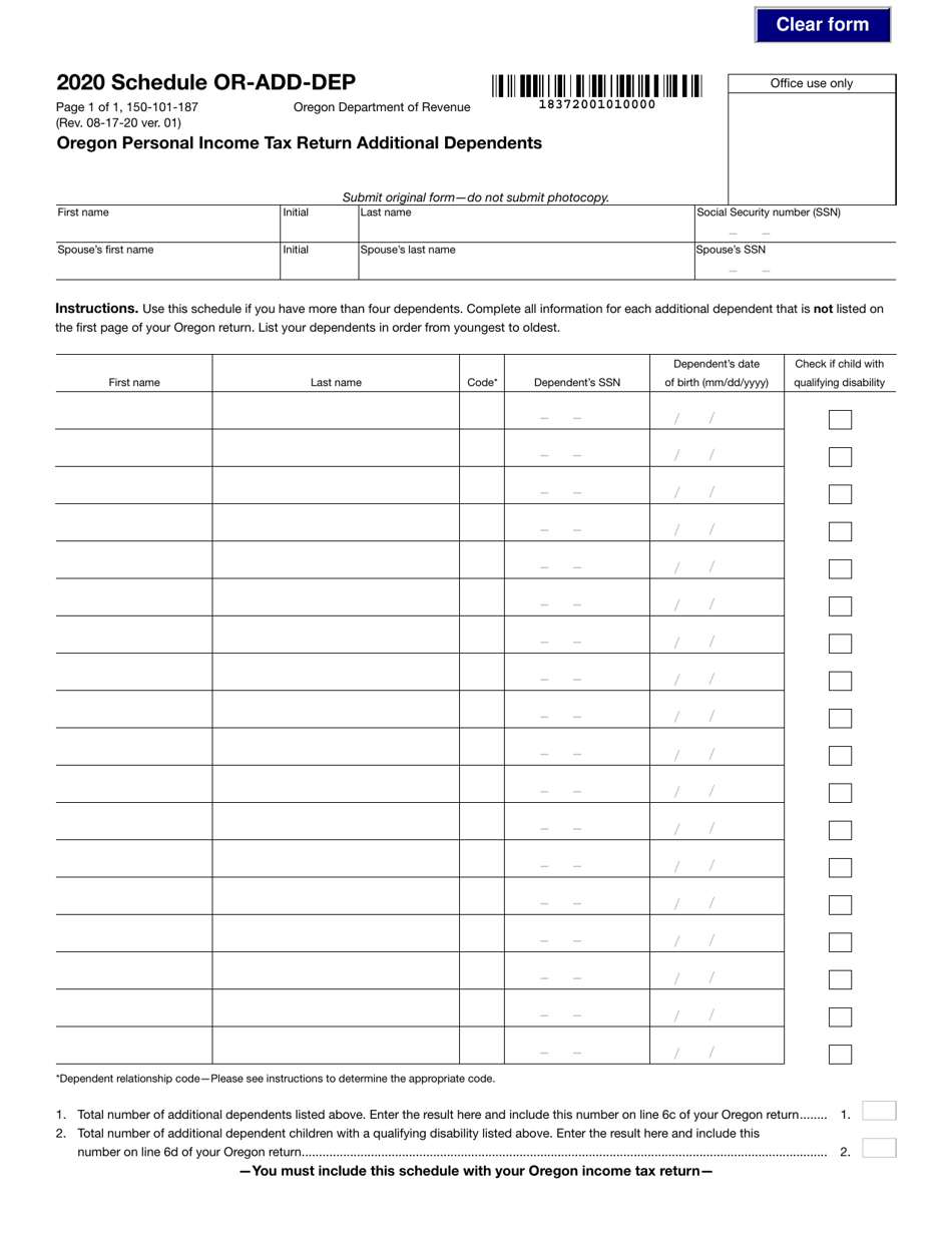 Form 150-101-187 Schedule OR-ADD-DEP Oregon Personal Income Tax Return Additional Dependents - Oregon, Page 1