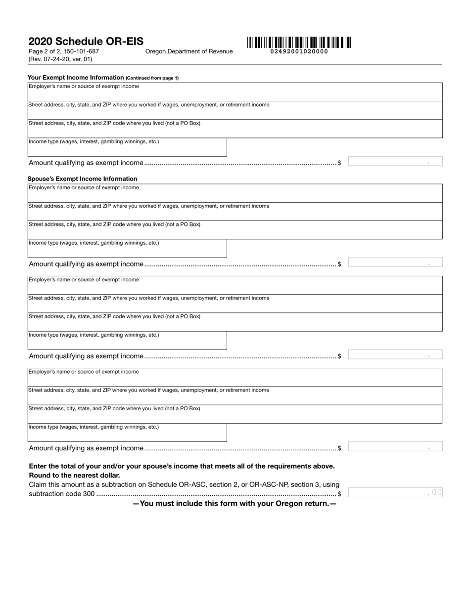 Form 150-101-687 Schedule OR-EIS Exempt Income Schedule for Enrolled Members of a Federally Recognized Indian Tribe - Oregon, Page 2