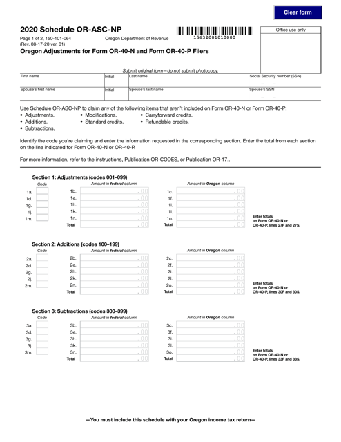 Form 150-101-064 Schedule OR-ASC-NP 2020 Printable Pdf