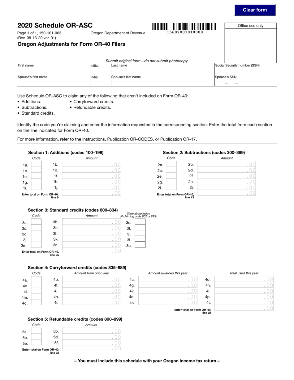 Form OR-ASC (150-101-063) Oregon Adjustments for Form or-40 Filers - Oregon, Page 1