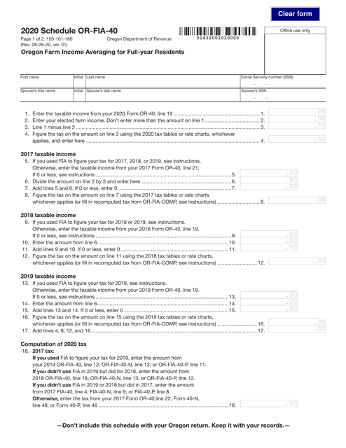 Form OR-FIA-40 (150-101-160) 2020 Printable Pdf