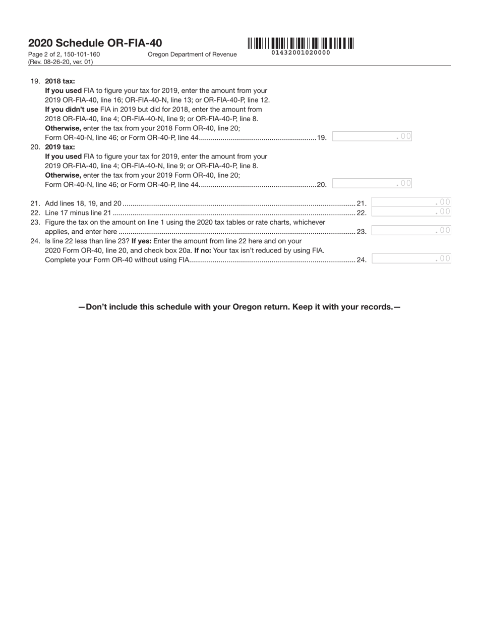 Form OR-FIA-40 (150-101-160) Oregon Farm Income Averaging for Full-Year Residents - Oregon, Page 2