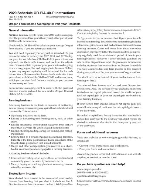 Form 150-101-166 Schedule OR-FIA-40-P 2020 Printable Pdf