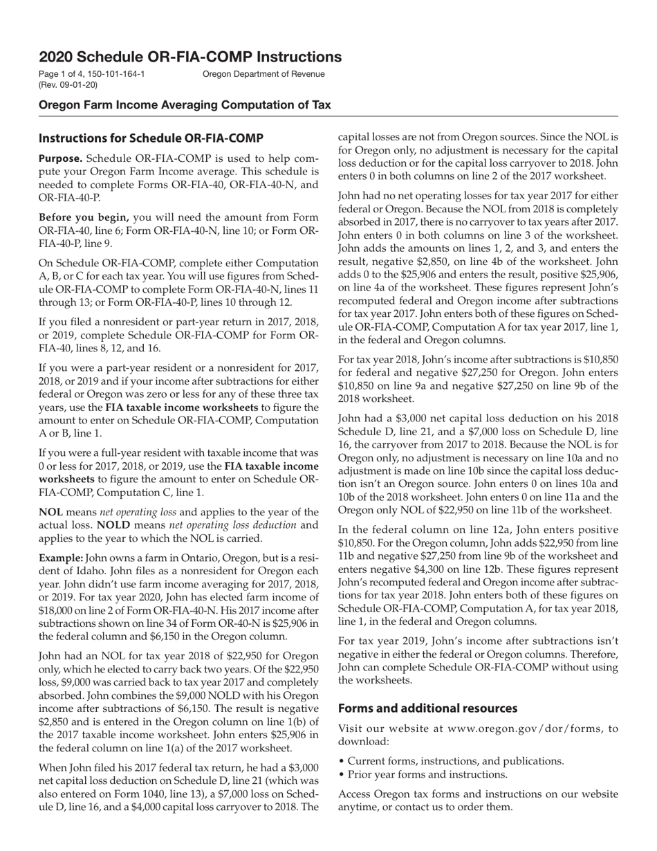 Instructions for Form 150-101-164 Schedule OR-FIA-COMP Oregon Farm Income Averaging Computation of Tax - Oregon, Page 1