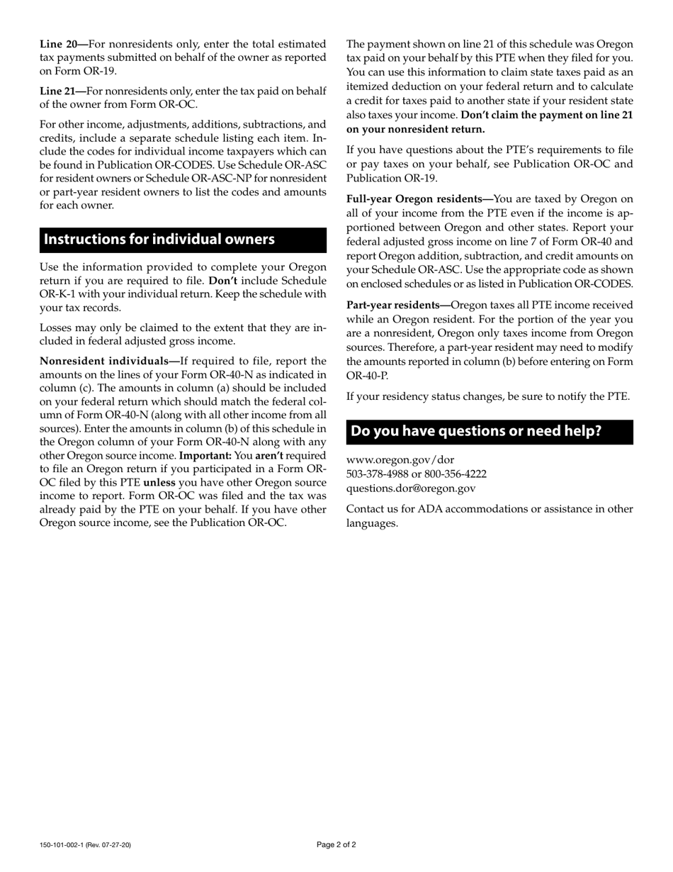 Instructions for Form 150-101-002 Schedule OR-K-1 Distributive Share of Income, Deductions, Credits, Etc. - Oregon, Page 2