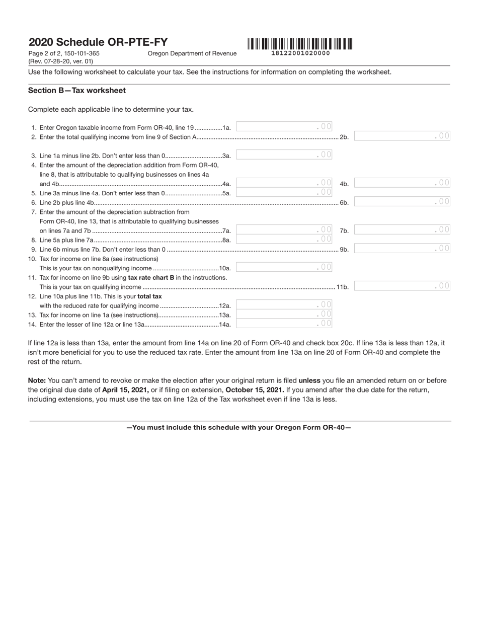Form 50-101-365 Schedule OR-PTE-FY Qualified Business Income Reduced Tax Rate Schedule for Oregon Full-Year Residents - Oregon, Page 2