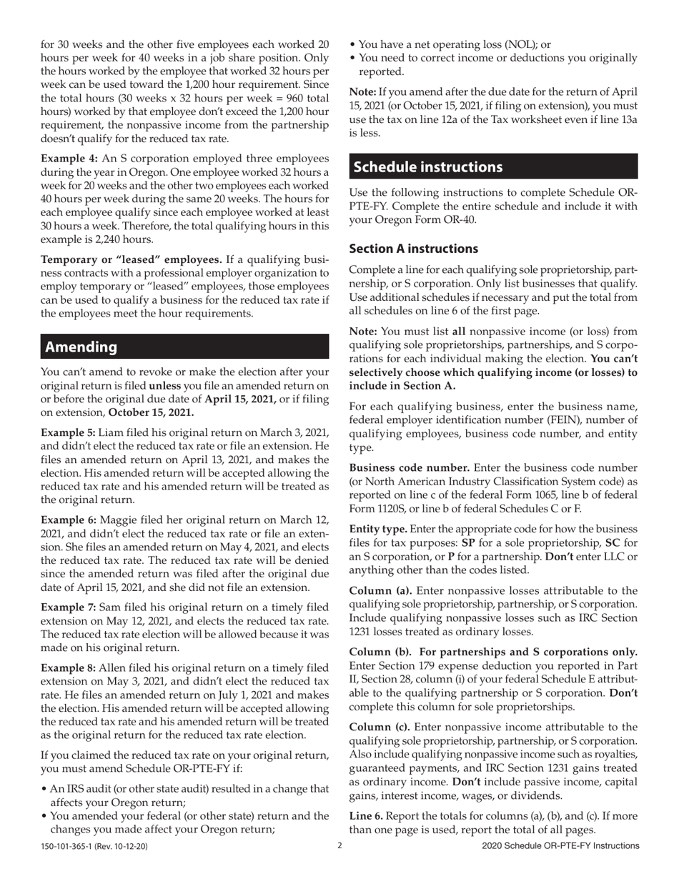 Instructions for Form 150-101-365 Schedule OR-PTE-FY Qualifying Business Income Reduced Tax Rate for Oregon Full-Year Residents - Oregon, Page 2