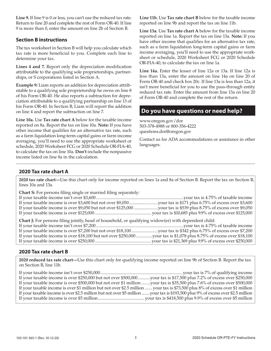 Instructions for Form 150-101-365 Schedule OR-PTE-FY Qualifying Business Income Reduced Tax Rate for Oregon Full-Year Residents - Oregon, Page 3