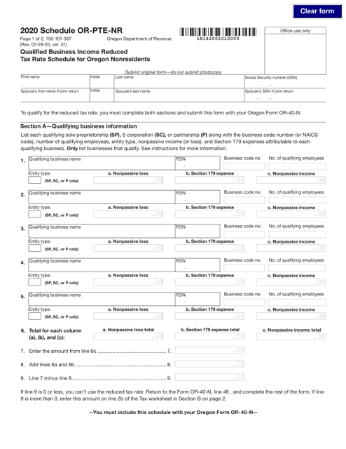 Form 150-101-367 Schedule OR-PTE-NR 2020 Printable Pdf