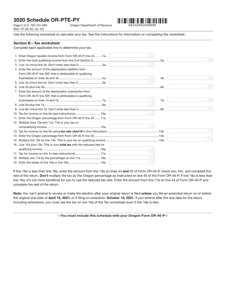 Form 150-101-366 Schedule OR-PTE-PY Qualified Business Income Reduced Tax Rate Schedule for Oregon Part-Year Residents - Oregon, Page 2