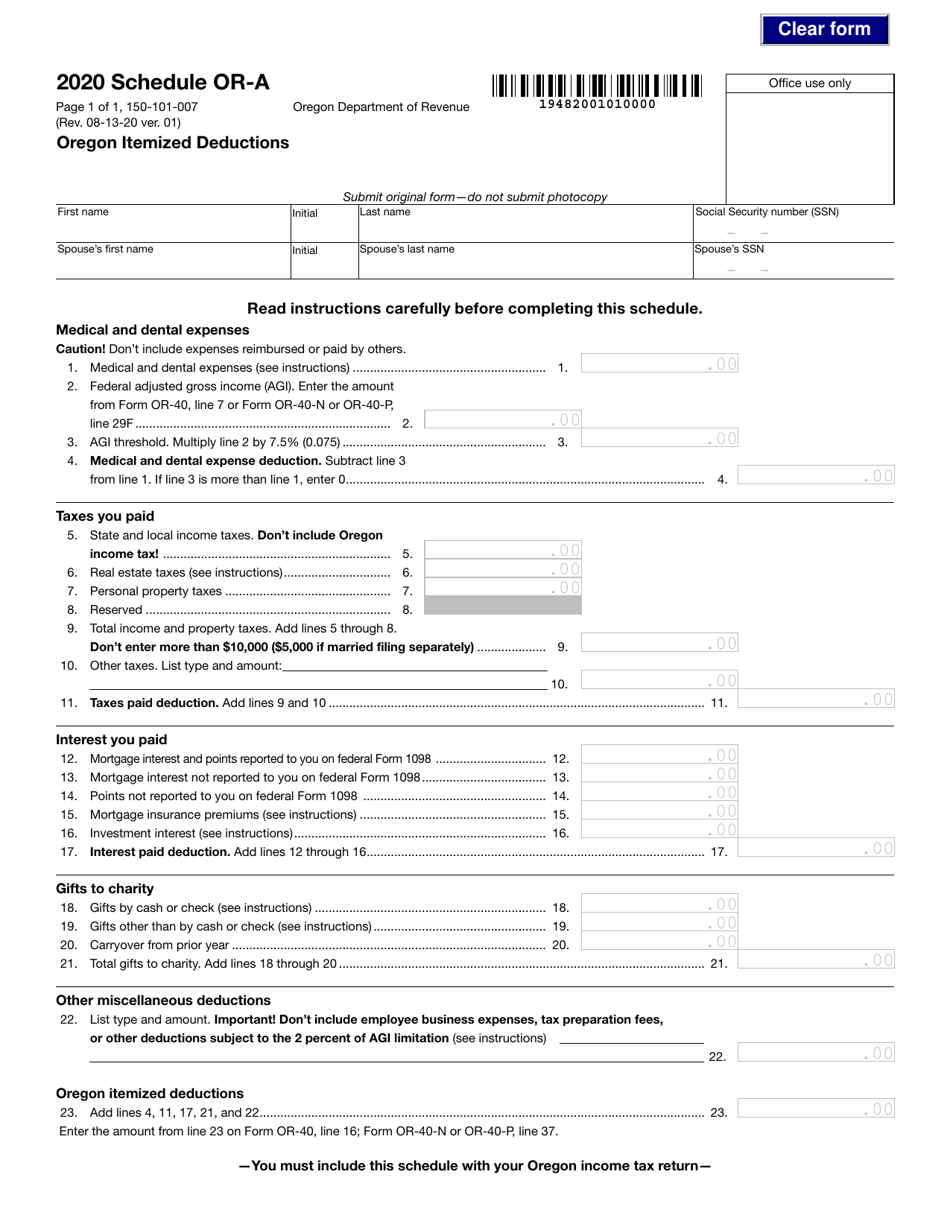 Form 150-101-007 Schedule OR-A Oregon Itemized Deductions - Oregon, Page 1