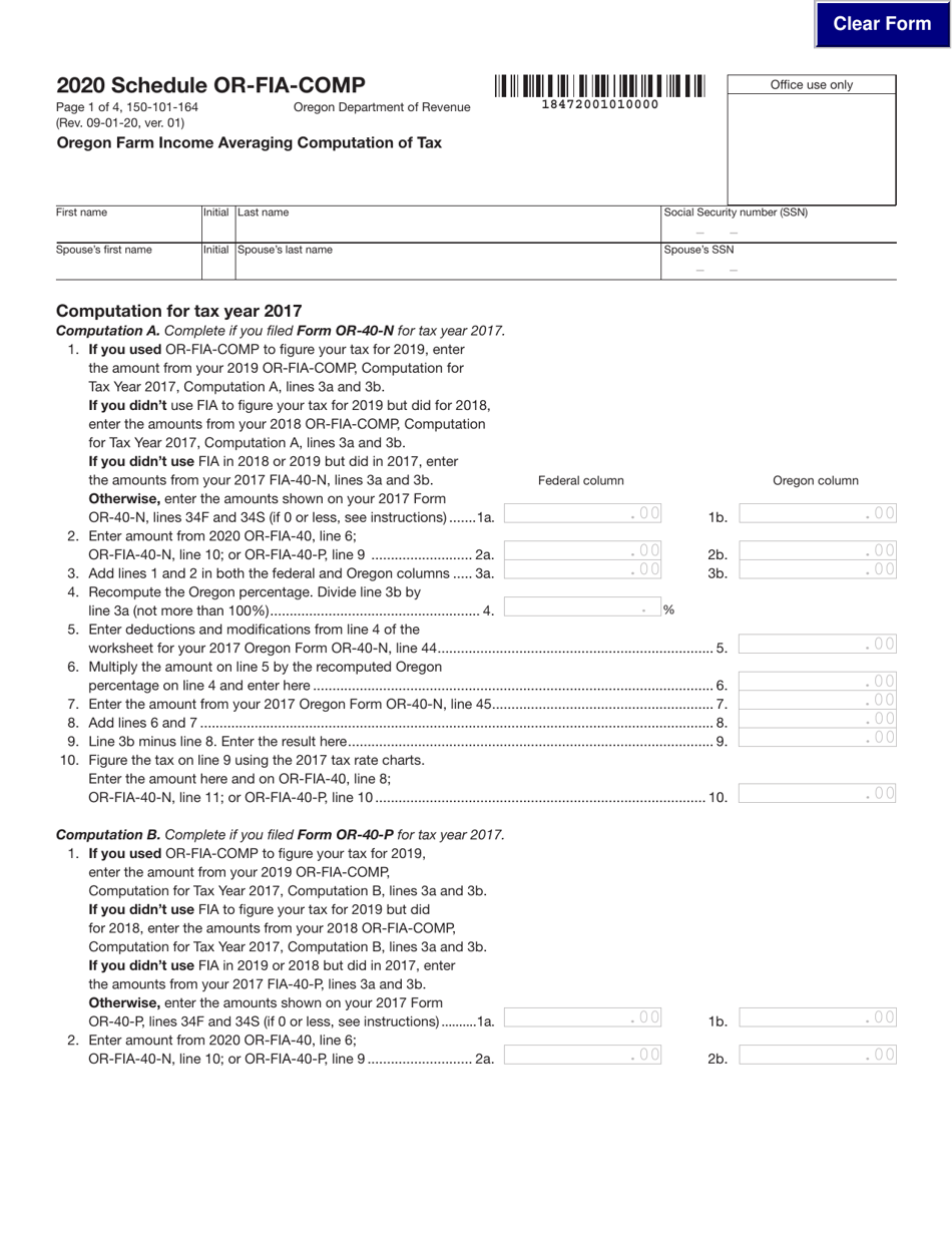 Form 150-101-164 Schedule OR-FIA-COMP Oregon Farm Income Averaging Computation of Tax - Oregon, Page 1