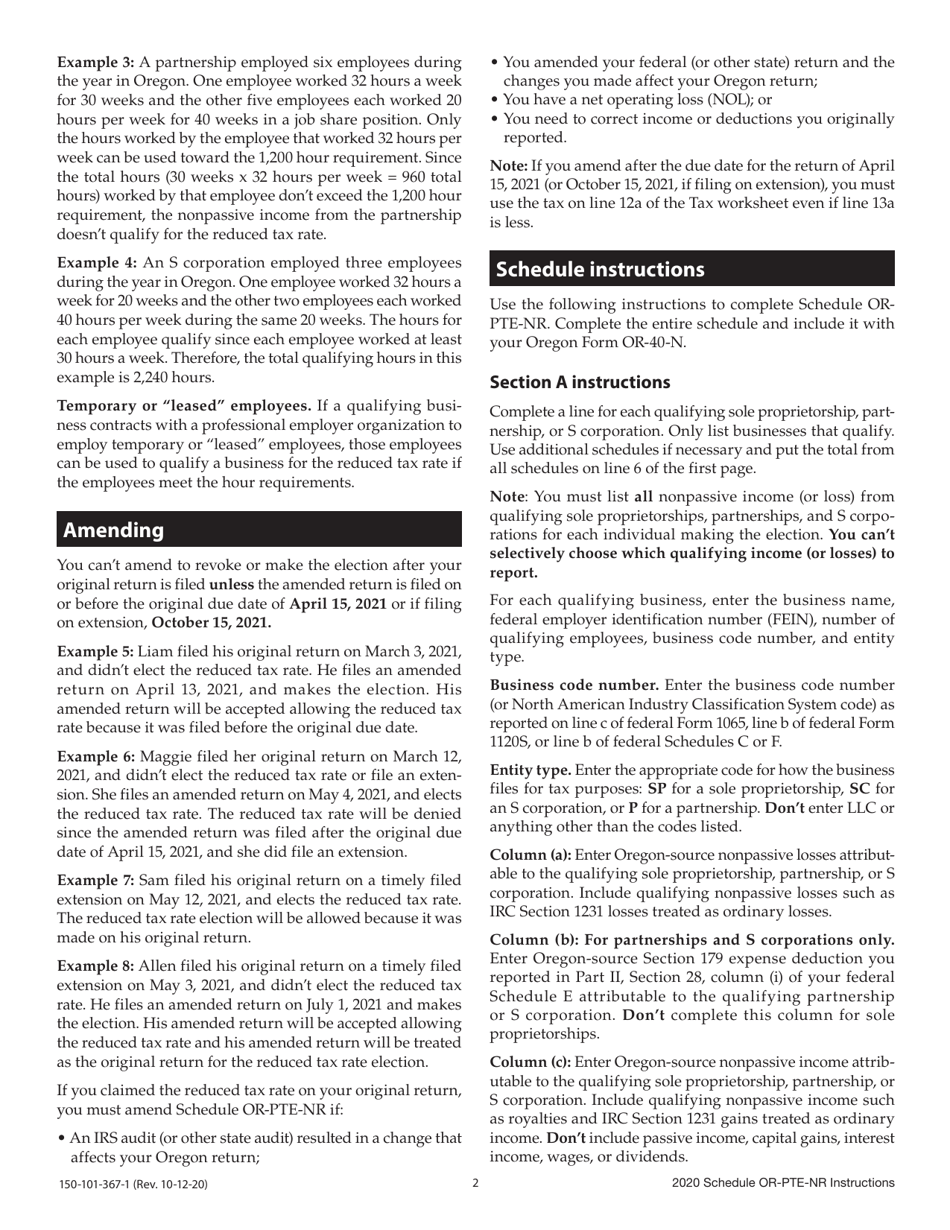 Instructions for Form 150-101-367 Schedule OR-PTE-NR Qualified Business Income Reduced Tax Rate Schedule for Oregon Nonresidents - Oregon, Page 2