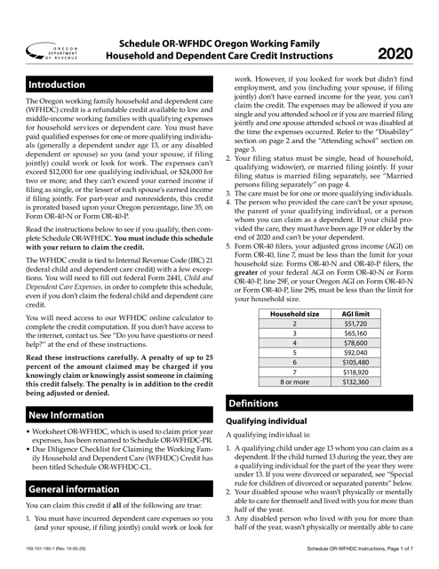Form 150-101-195 Schedule OR-WFHDC 2020 Printable Pdf