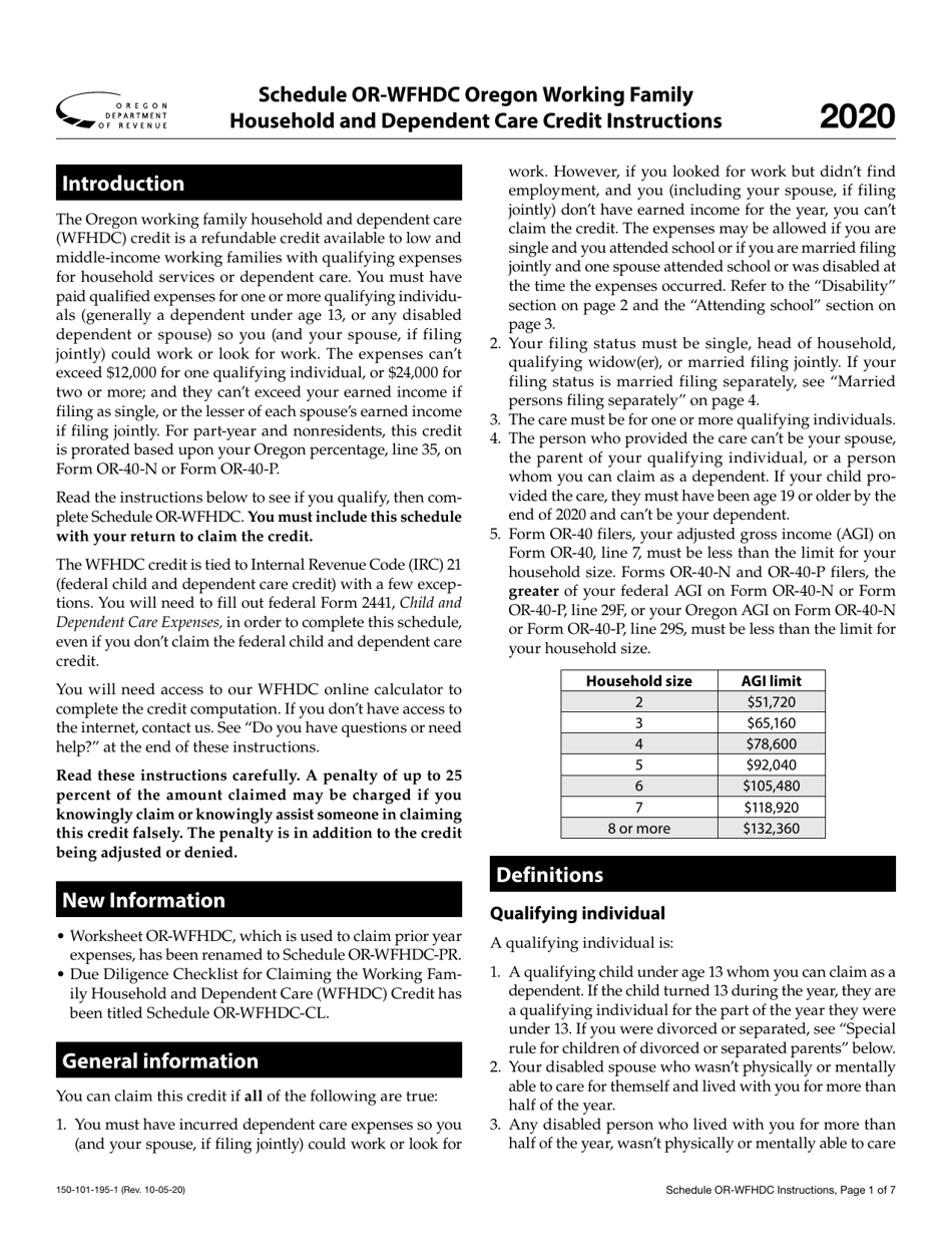Download Instructions for Form 150-101-195 Schedule OR-WFHDC Oregon Working Family Household and