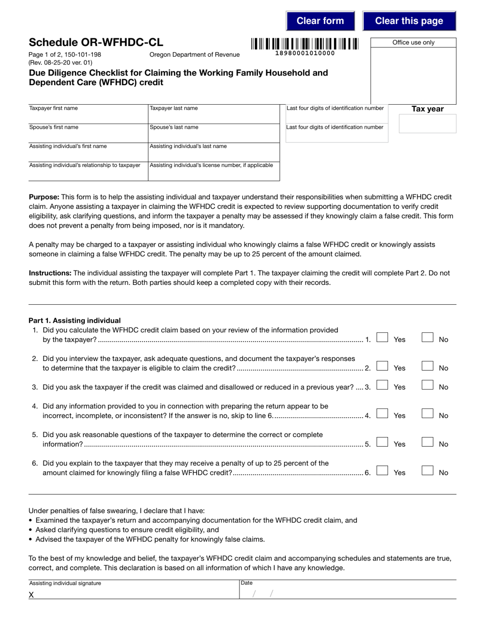 Form 150-101-198 Schedule OR-WFHDC-CL Due Diligence Checklist for Claiming the Working Family Household and Dependent Care (Wfhdc) Credit - Oregon, Page 1