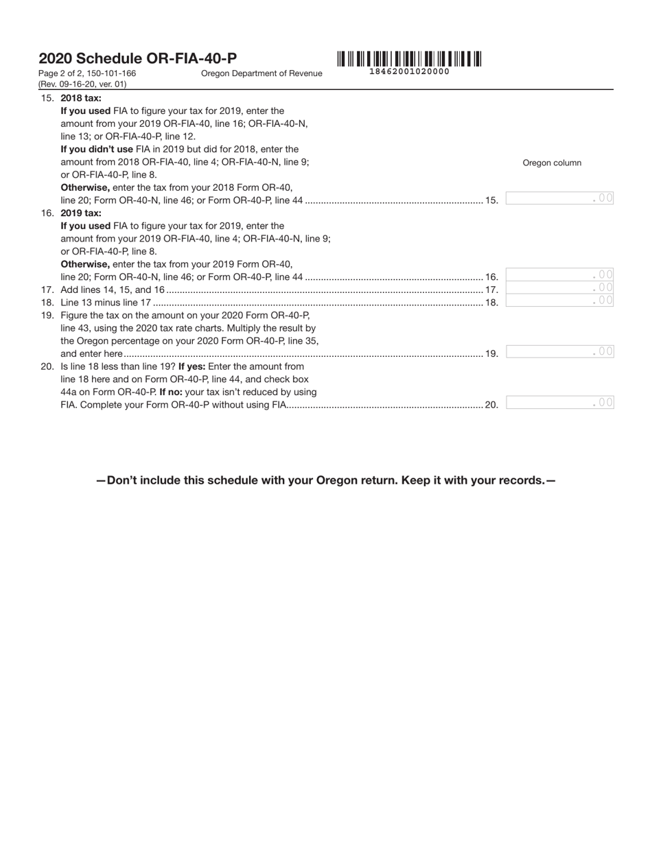 Form 150-101-166 Schedule OR-FIA-40-P Oregon Farm Income Averaging for Part-Year Residents - Oregon, Page 2