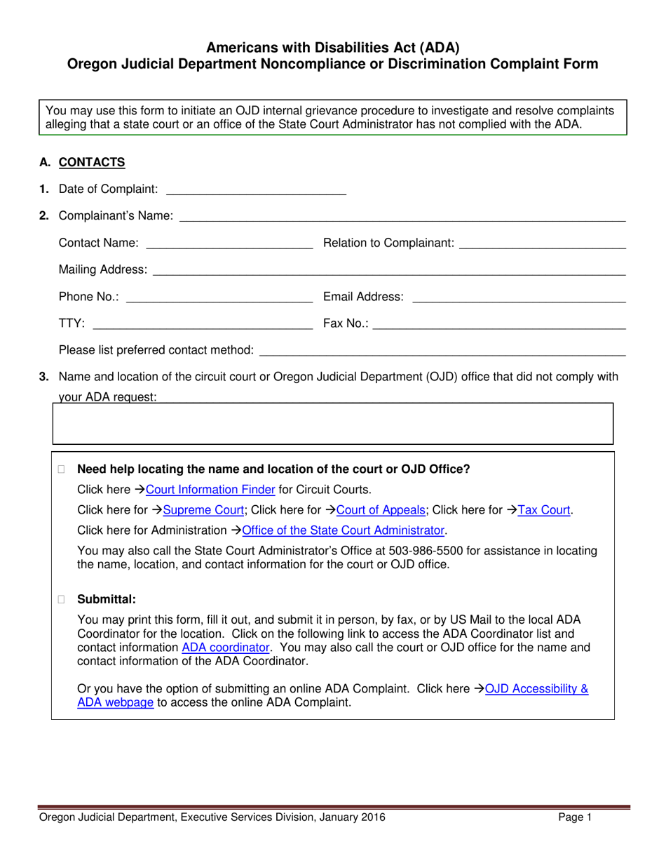 Americans With Disabilities Act (Ada) Oregon Judicial Department Noncompliance or Discrimination Complaint Form - Oregon, Page 1