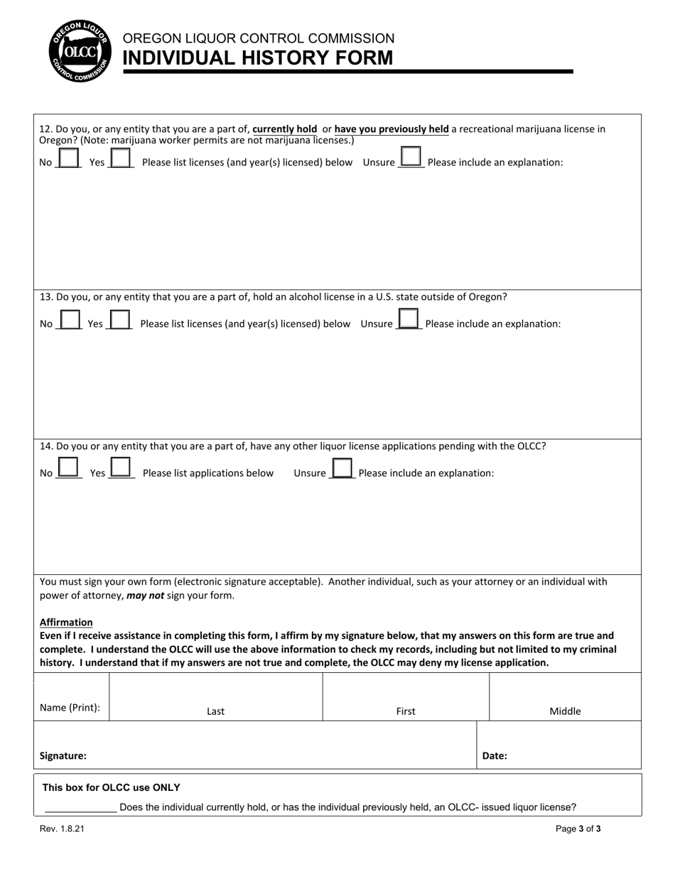 Individual History Form - Oregon, Page 3