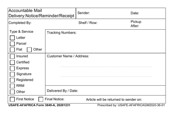 Document preview: USAFE-AFAFRICA Form 3849-A Accountable Mail Delivery: Notice/Reminder/Receipt