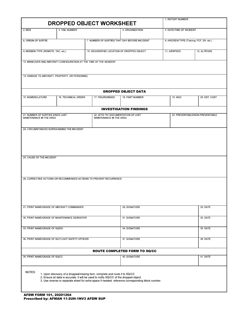 AFDW Form 101 Dropped Object Worksheet, Page 1