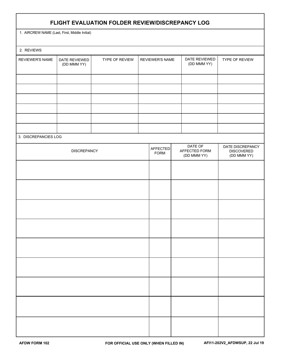 AFDW Form 102 Download Fillable PDF or Fill Online Flight Evaluation ...