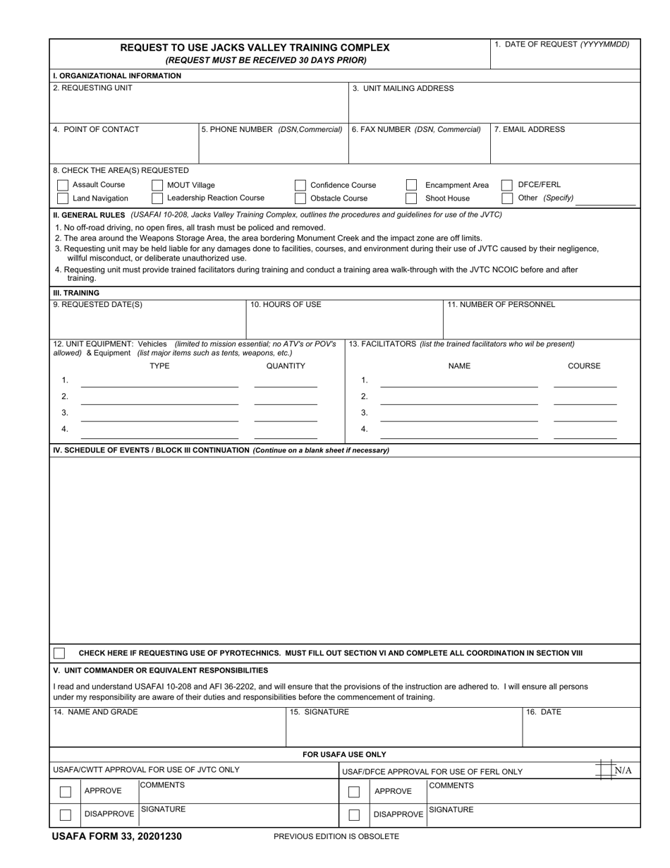 Usafa Form 33 Download Fillable Pdf Or Fill Online Request To Use Jacks 