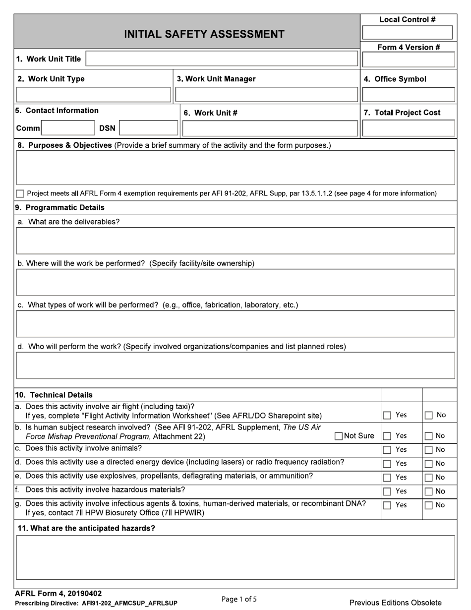 AFRL Form 4 Initial Safety Assessment, Page 1