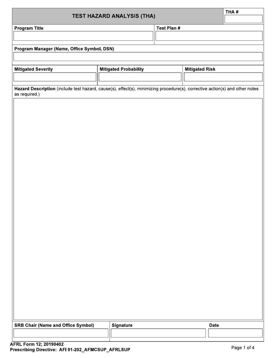 AFRL Form 12 Test Hazard Analysis (Tha), Page 1