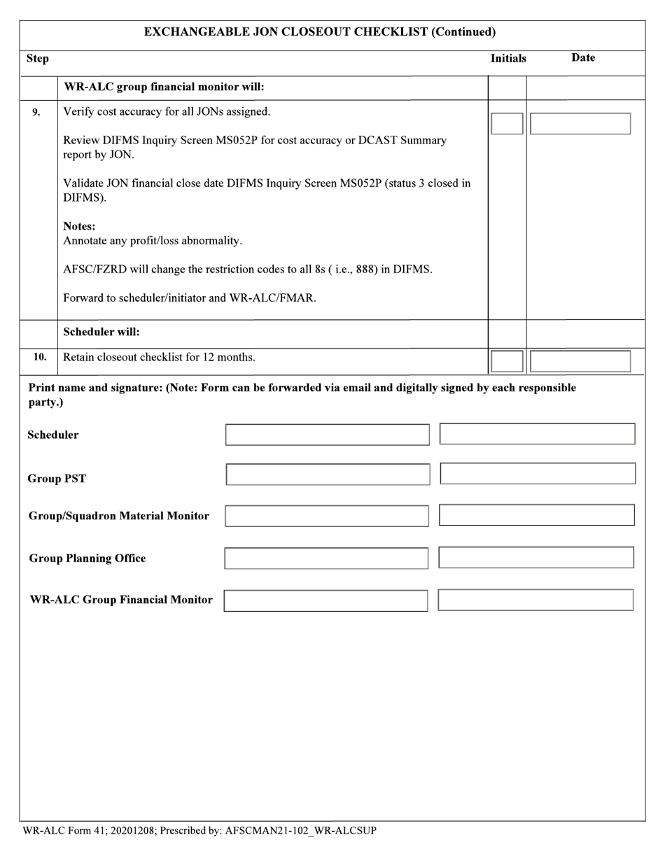 WR-ALC Form 41 Exchangeable Jon Closeout Checklist, Page 3