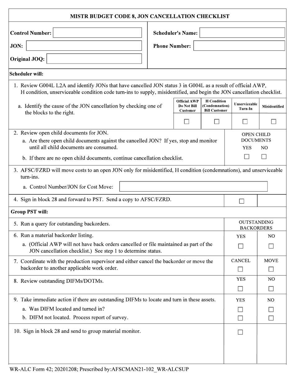 WR-ALC Form 42 Mistr Budget Code 8, Jon Cancellation Checklist, Page 1
