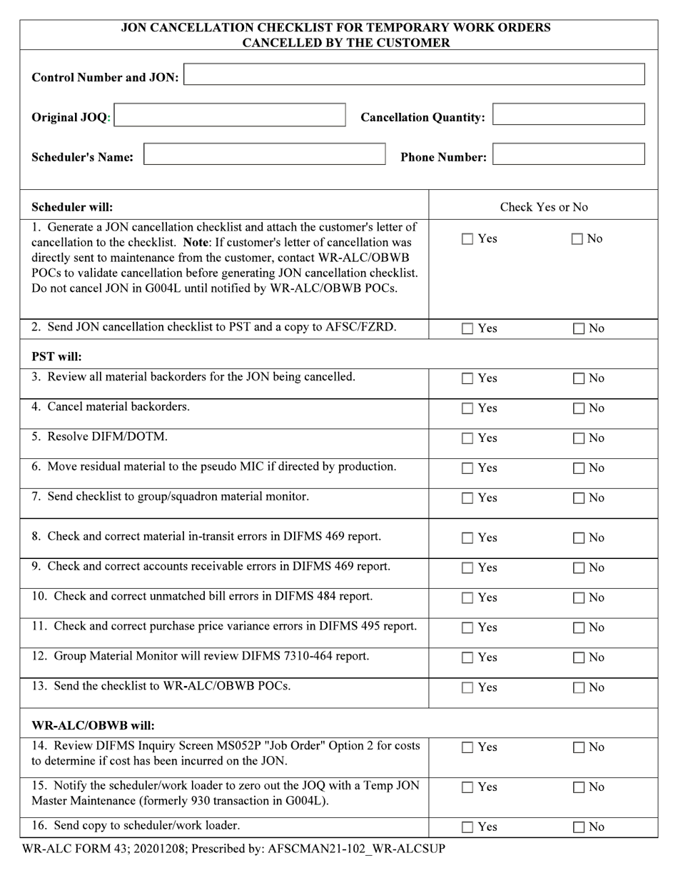 WR-ALC Form 43 Jon Cancellation Checklist for Temporary Work Orders Cancelled by the Customer, Page 1
