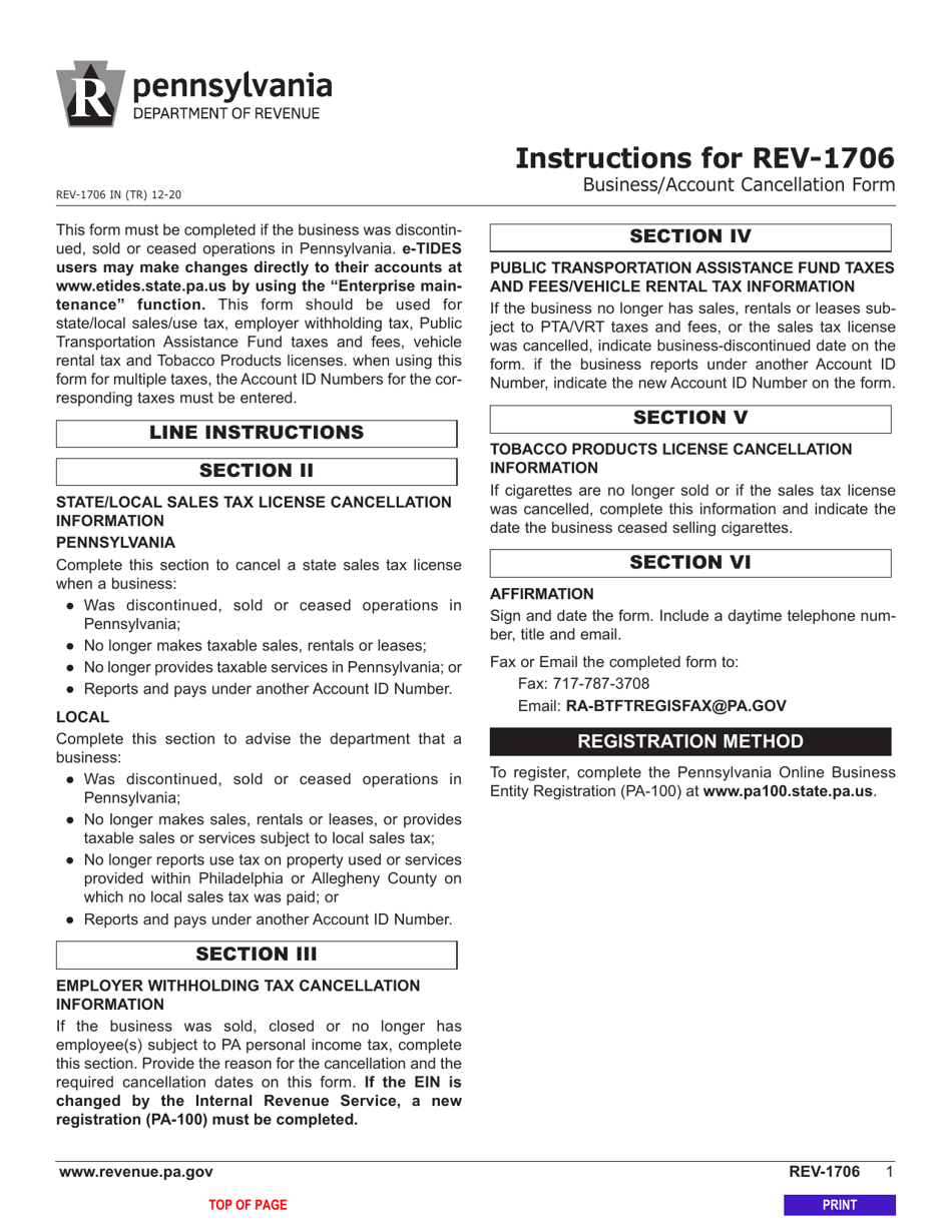 Form REV-1706 Business / Account Cancellation Form - Pennsylvania, Page 2
