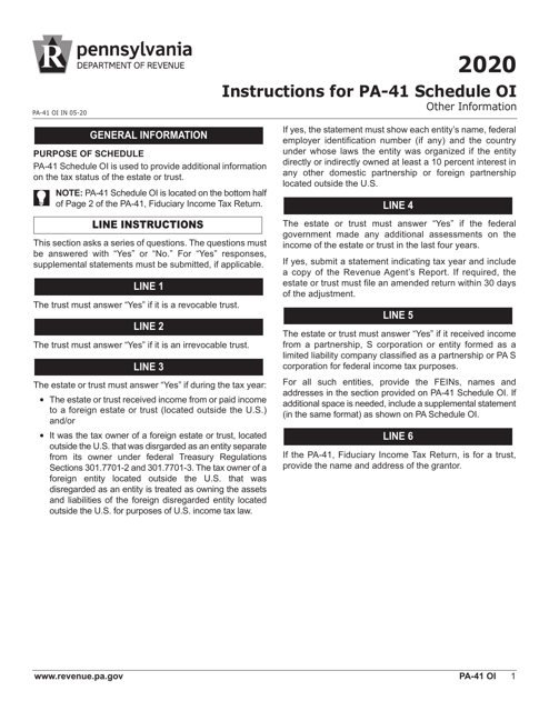 Form PA-41 Schedule OI 2020 Printable Pdf