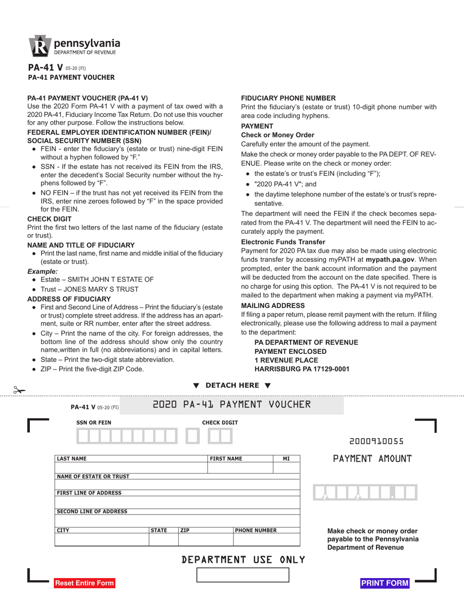 Form PA-41 V Payment Voucher - Pennsylvania, Page 1